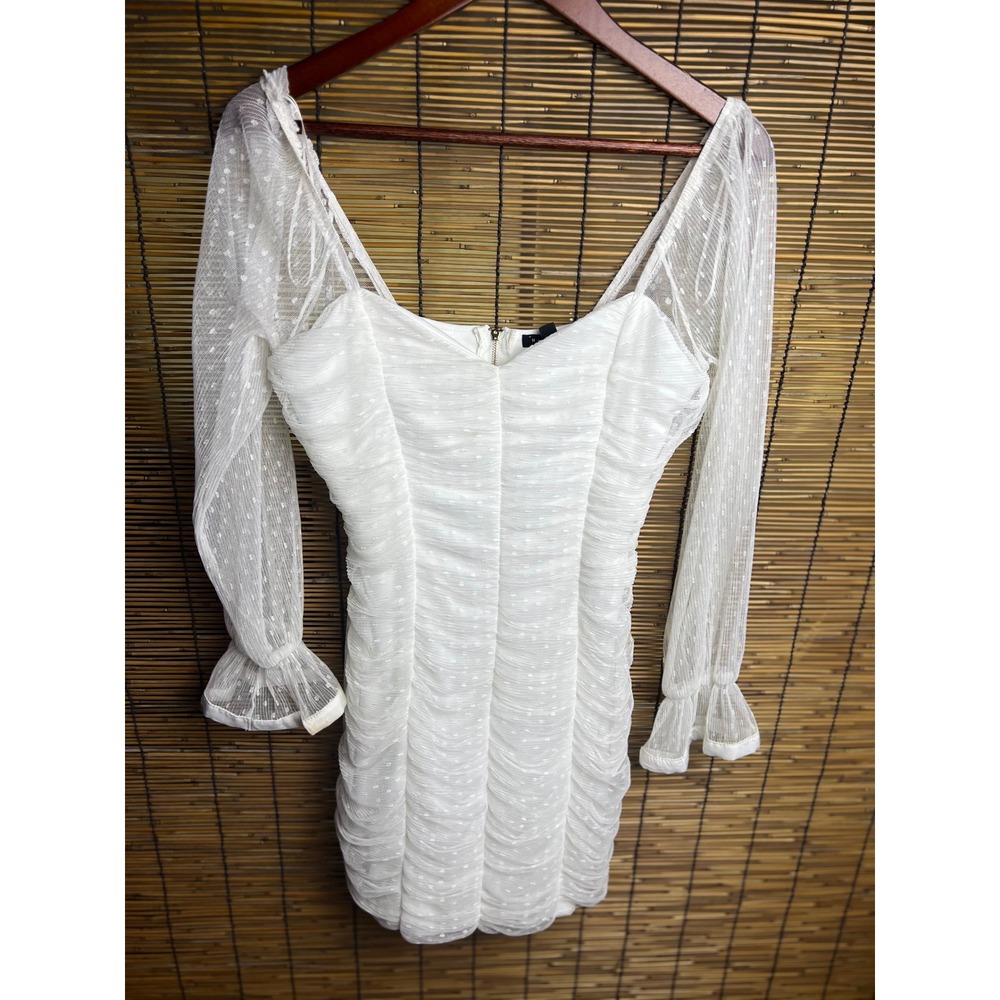 Haute Monde Womens White Swiss Dot Ruched Mesh Bodycon Mini Dress medium